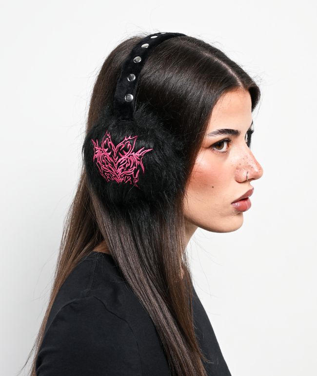  Vitriol Embroidered Black Faux Fur Ear Muffs - Vitriol