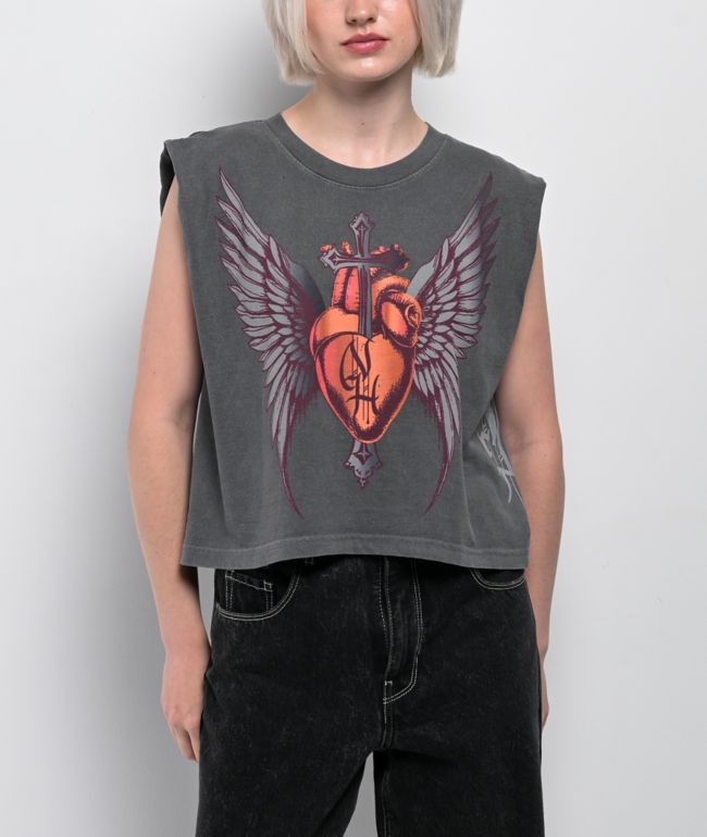 Ninth Hall Cross My Heart Charcoal Crop Tank Top - Ninth Hall