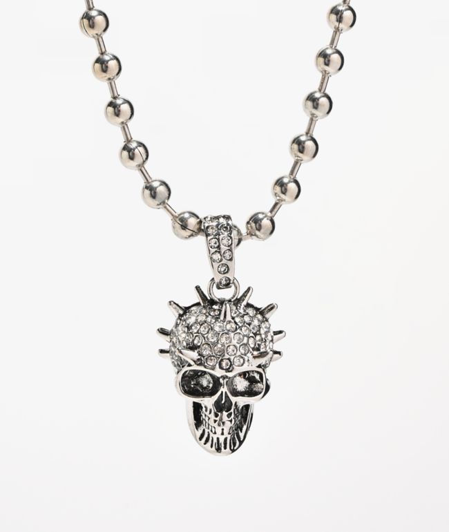Broken Promises Liberty Spike Skull Rhinestone 18" Silver Bead Necklace - Broken Promises