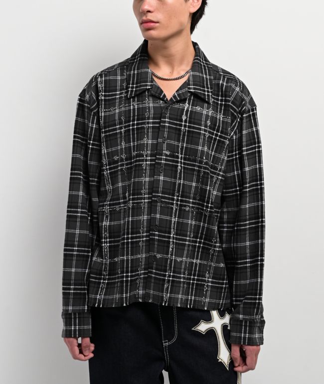 Ninth Hall Crosses and Rhinestones Grey Boxy Long Sleeve Flannel Shirt - Ninth Hall