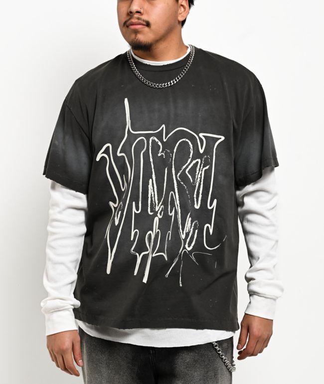 Vitriol From Ash Black Wash & White 2Fer Oversized Long Sleeve T-Shirt - Vitriol