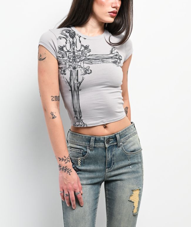 Ninth Hall Alina Cross Grey Crop T-Shirt  - Ninth Hall