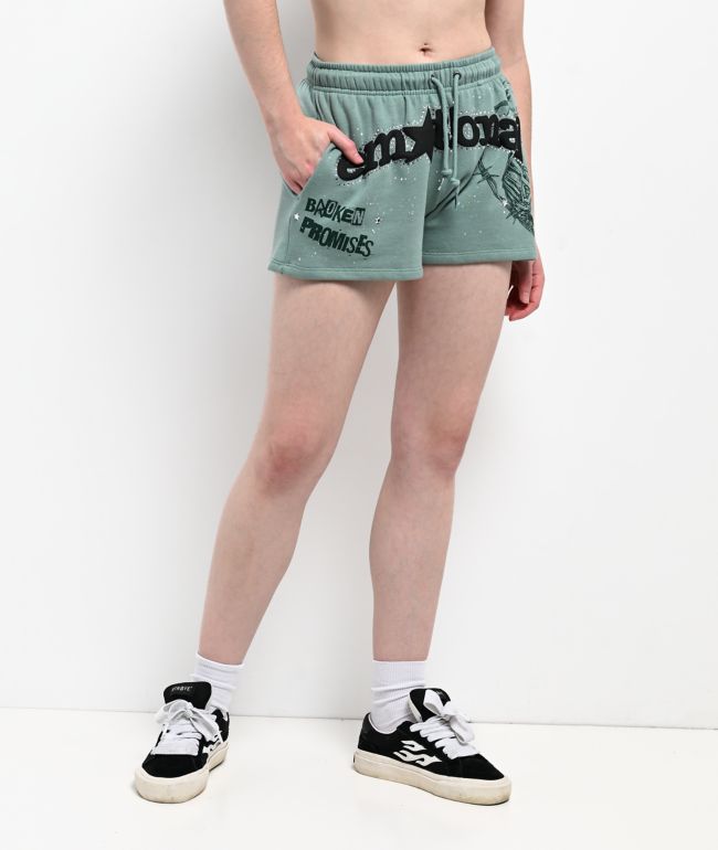 Broken Promises Emotional Embrace Green Sweat Shorts - Broken Promises
