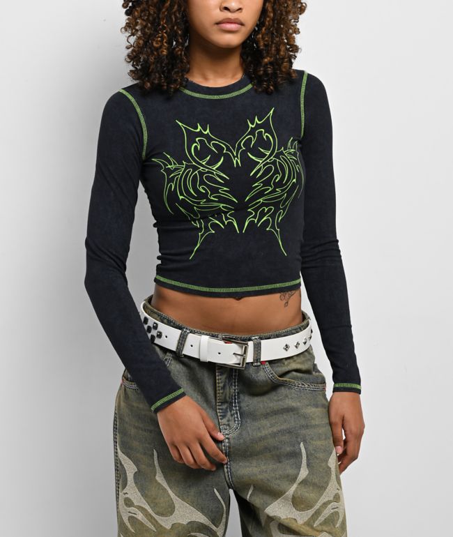 Vitriol Lottie Black Wash Long Sleeve Crop T-Shirt - Vitriol