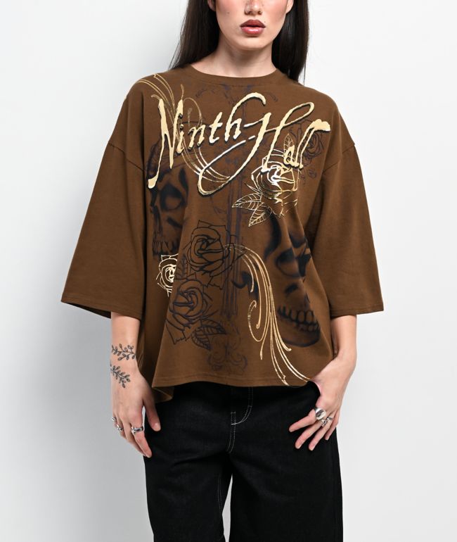 Ninth Hall Ciara Foil Print Brown Oversized Boxy T-Shirt - Ninth Hall