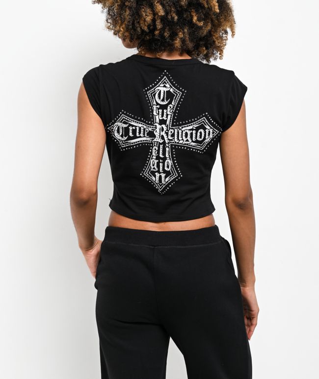True Religion Crystal Cross Black Notch Crop T-Shirt - True Religion