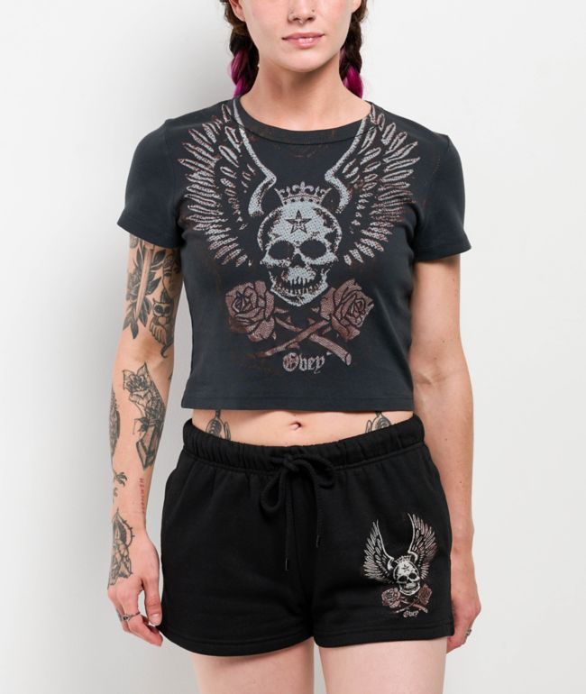 Obey Skull & Roses Black Crop T-Shirt - Obey