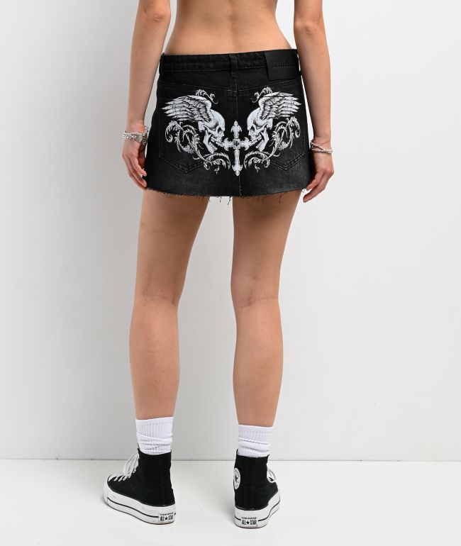 Affliction Winged Up Black Denim Cutoff Mini Skirt - Affliction
