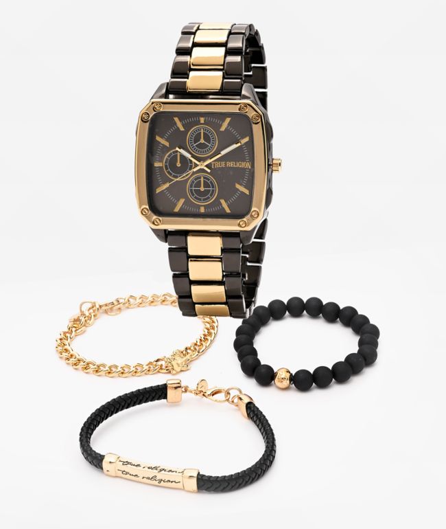 True Religion Square Black & Gold Watch & Bracelet Set - True Religion