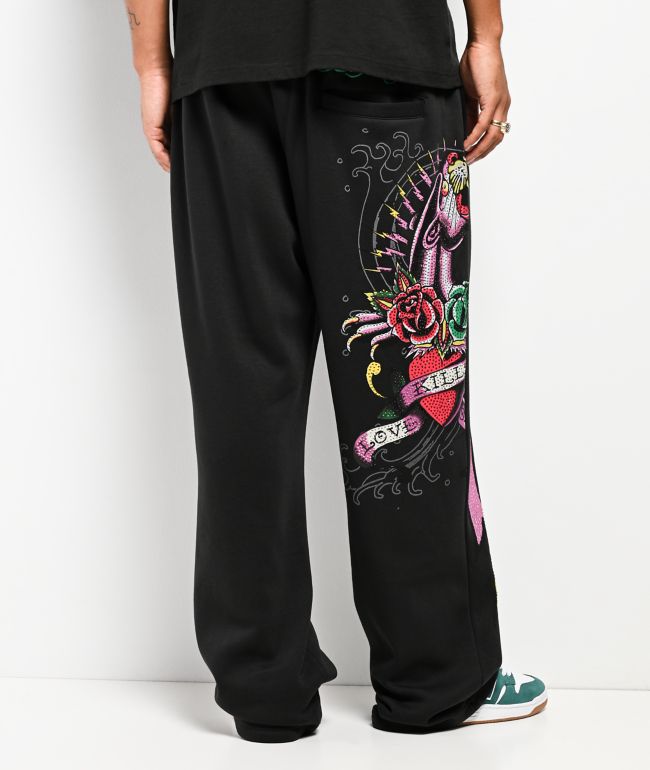 Ed Hardy Panther Rose Rhinestone Black Baggy Sweatpants - Ed Hardy