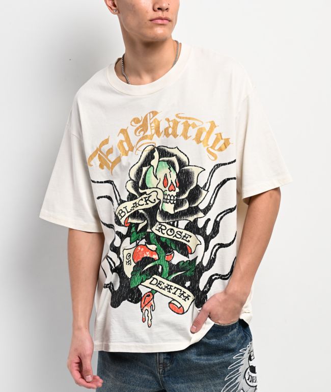 Ed Hardy Black Rose Ivory T-Shirt - Ed Hardy