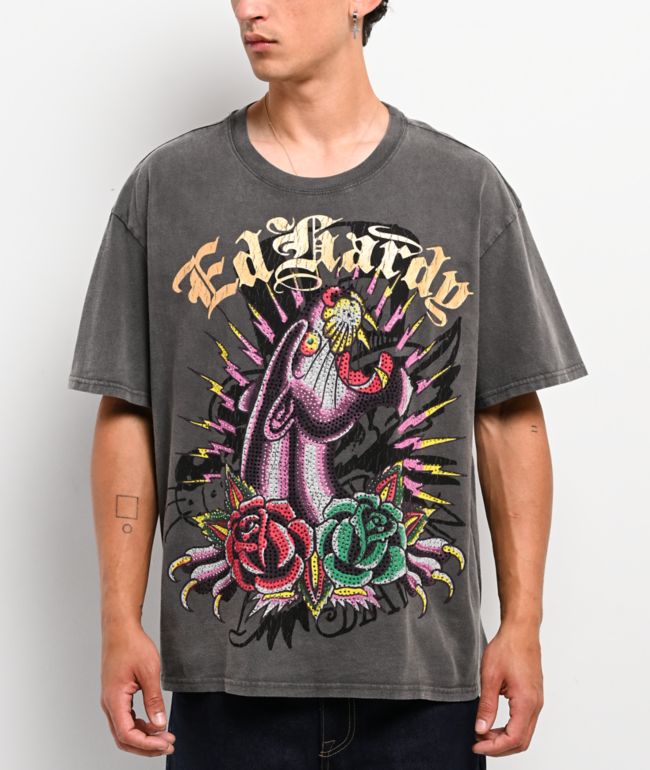 Ed Hardy Panther Rose Rhinestone Charcoal Wash Boxy T-Shirt - Ed Hardy