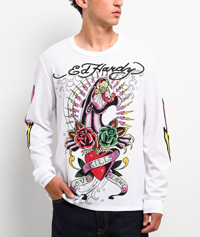 Ed Hardy Panther Rose Rhinestone White Thermal Long Sleeve T-Shirt - Ed Hardy