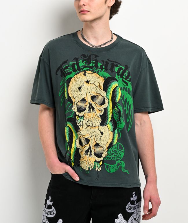 Ed Hardy Skull Snakes Rhinestone Hunter Green T-Shirt - Ed Hardy