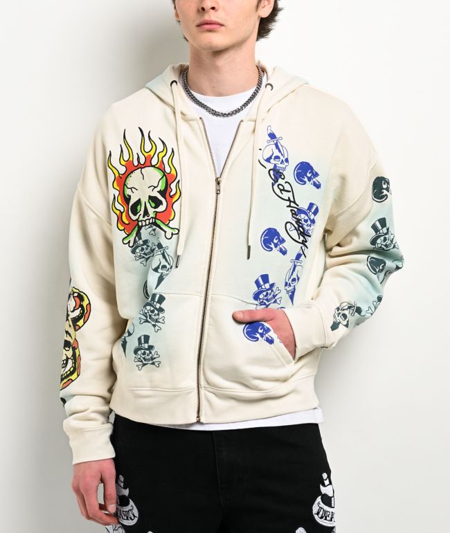 Ed Hardy Skulls Vintage Ivory Zip Hoodie - Ed Hardy