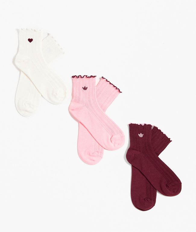 adidas Valentine Ruffle 3 Pack Pink, Red & White Ankle Socks - adidas