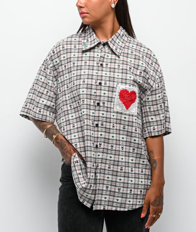 Aelfric Eden Crochet Heart Pocket Green Plaid Short Sleeve Button Up Shirt - Aelfric Eden