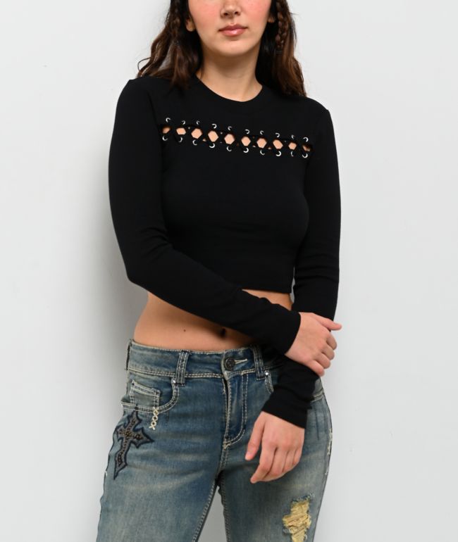 Ninth Hall Krystie Lace Up Black Long Sleeve Crop T-Shirt - Ninth Hall