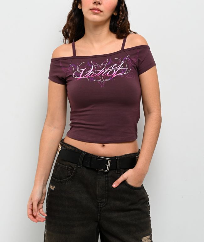 Vitriol Keeli Off Shoulder Purple Crop T-Shirt - Vitriol