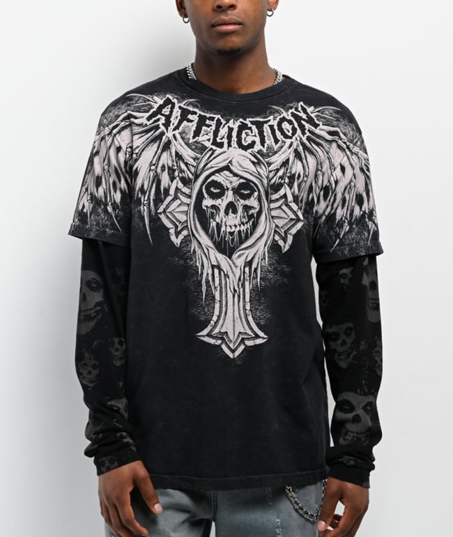 Affliction Skeleton Black Lava & Grey 2fer Long Sleeve T-Shirt