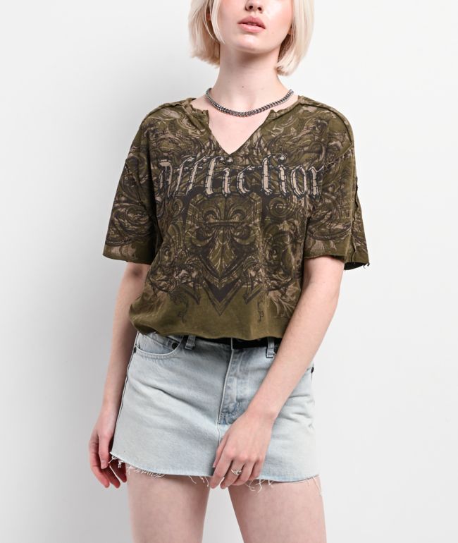 Affliction Residual Chaos Dark Green Crop T-Shirt - Affliction