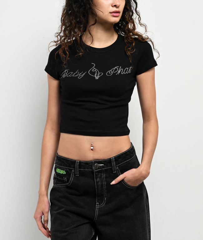 Baby Phat Script Rhinestone Black Crop T-Shirt - Baby Phat