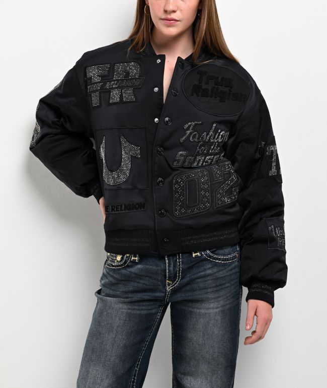 True Religion Crystal Logo Black Bomber Jacket - True Religion