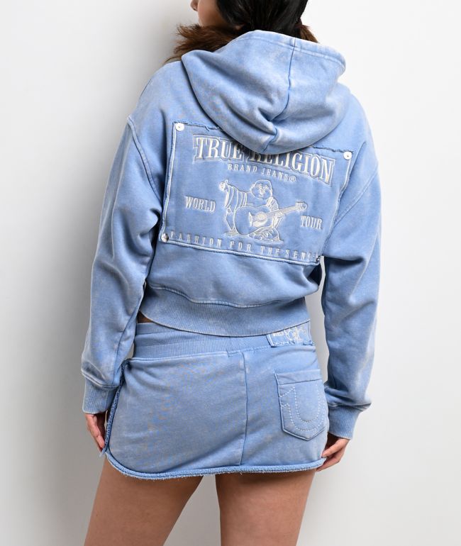 True Religion Vintage Blue Wash Crop Zip Hoodie - True Religion