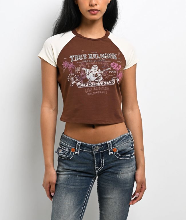 True Religion Raglan Brown & White Crop T-Shirt - True Religion