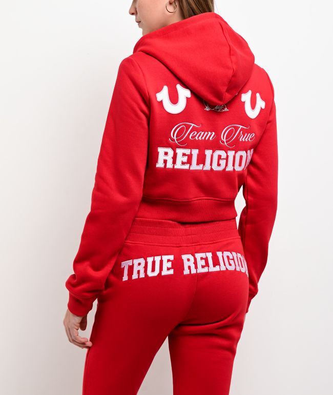 True Religion Embroidered Shrunken Red Crop Zip Hoodie - True Religion