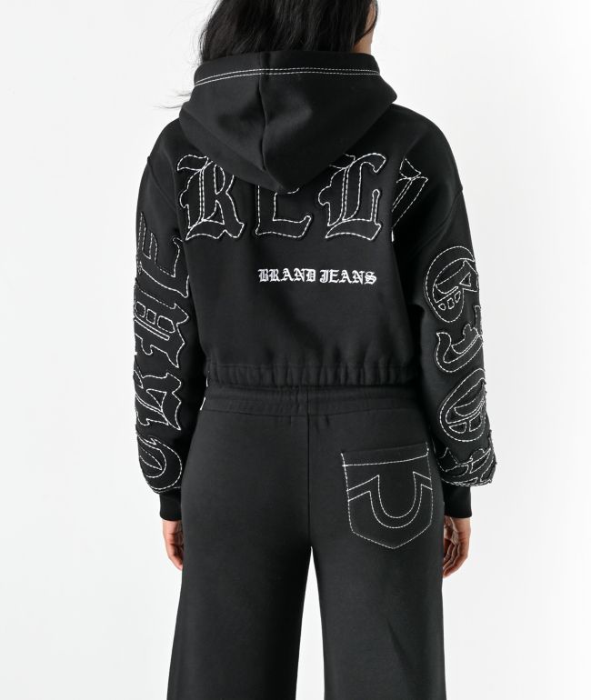True Religion Applique Black Crop Zip Hoodie - True Religion