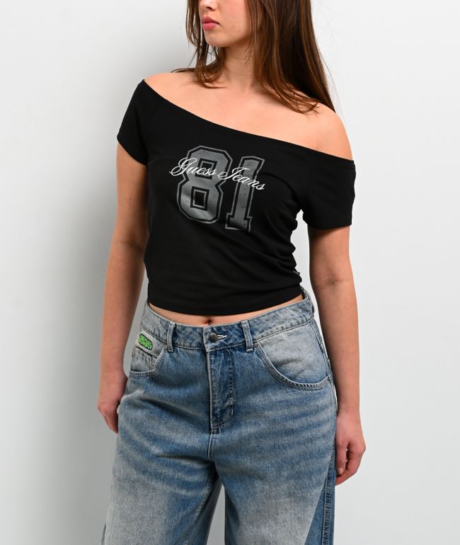 Guess Jeans 81 Off Shoulder Black Crop T-Shirt - Guess