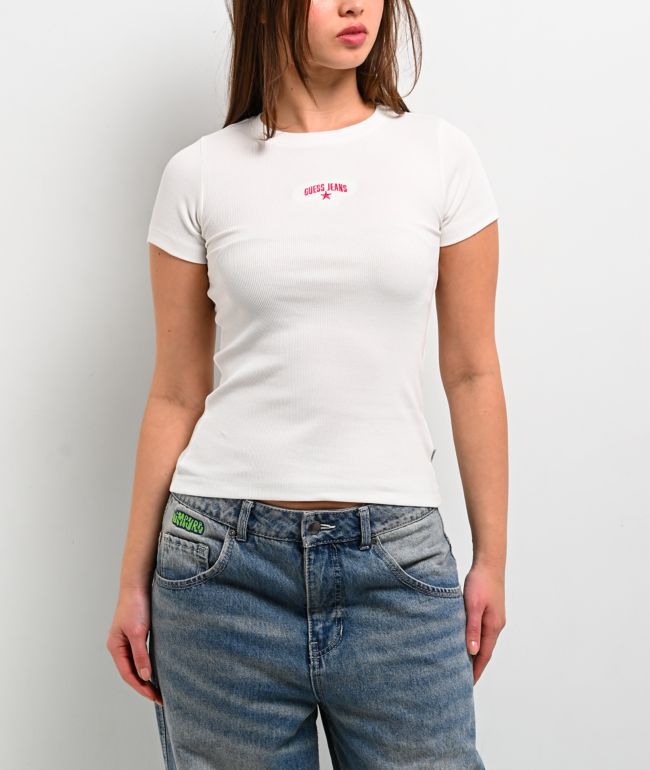 Guess Jeans Star Embroidered White Slim T-Shirt - Guess