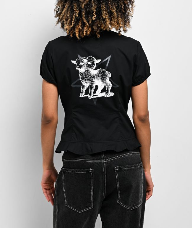 Lurking Class by Sketchy Tank Agnes Black Short Sleeve Button Up Corset Shirt - Lurking Class by Sketchy Tank