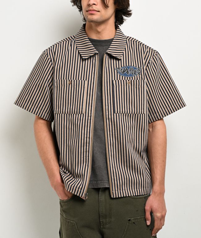 Empyre Charlie Stripe Sand & Navy Zip Work Shirt - Empyre
