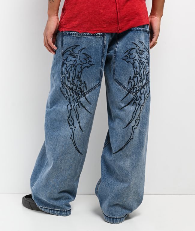 Affliction Tribal & Wings Medium Wash Wide Leg Jeans