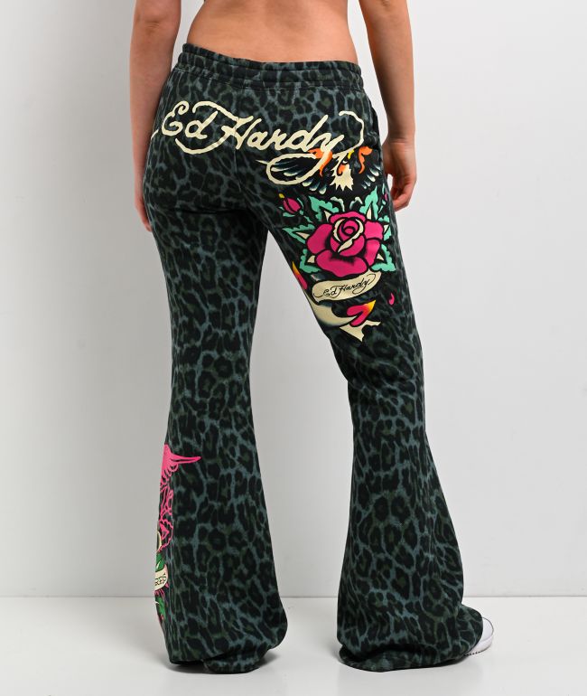 Ed Hardy Anchor Rose Green Leopard Flare Sweatpants - Ed Hardy