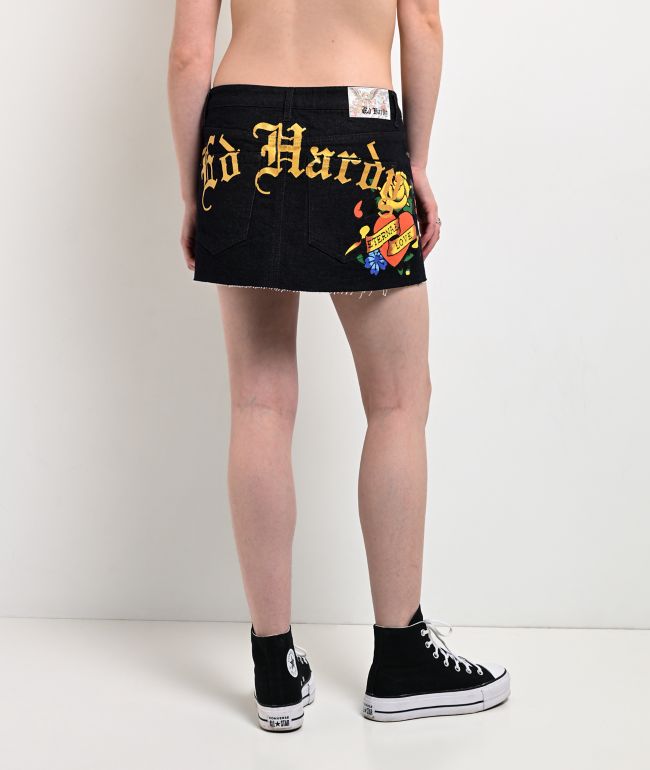Ed Hardy Rose Heart Black Denim Cutoff Mini Skirt - Ed Hardy