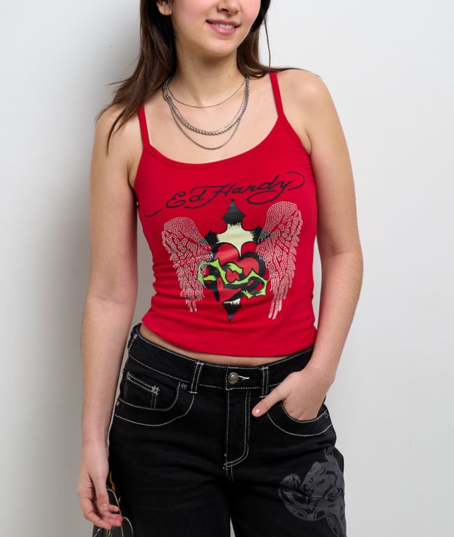 Ed Hardy Sacred Heart Cherry Crop Tank Top - Ed Hardy