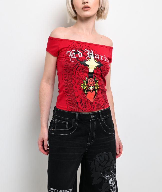Ed Hardy Mary Off Shoulder Red Crop T-Shirt - Ed Hardy