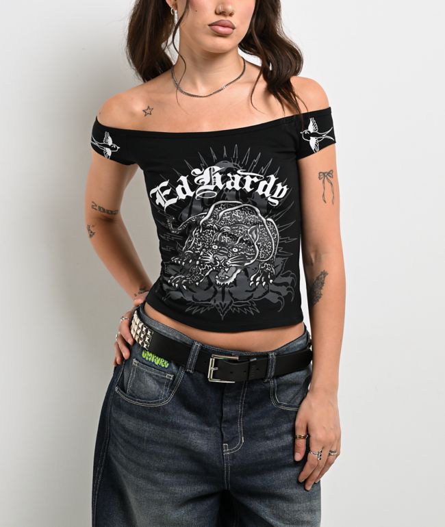 Ed Hardy Leopard Panther Black Off Shoulder Crop T-Shirt - Ed Hardy