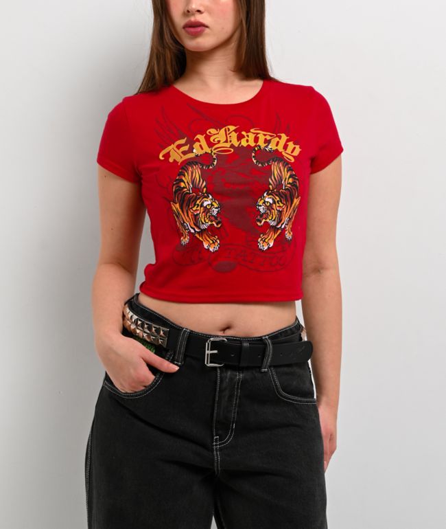 Ed Hardy Crawling Tigers Cherry Crop T-Shirt - Ed Hardy
