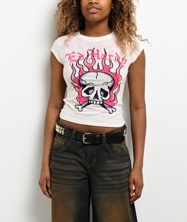 Ed Hardy Pink Flame Skull Rhinestone Ivory T-Shirt - Ed Hardy