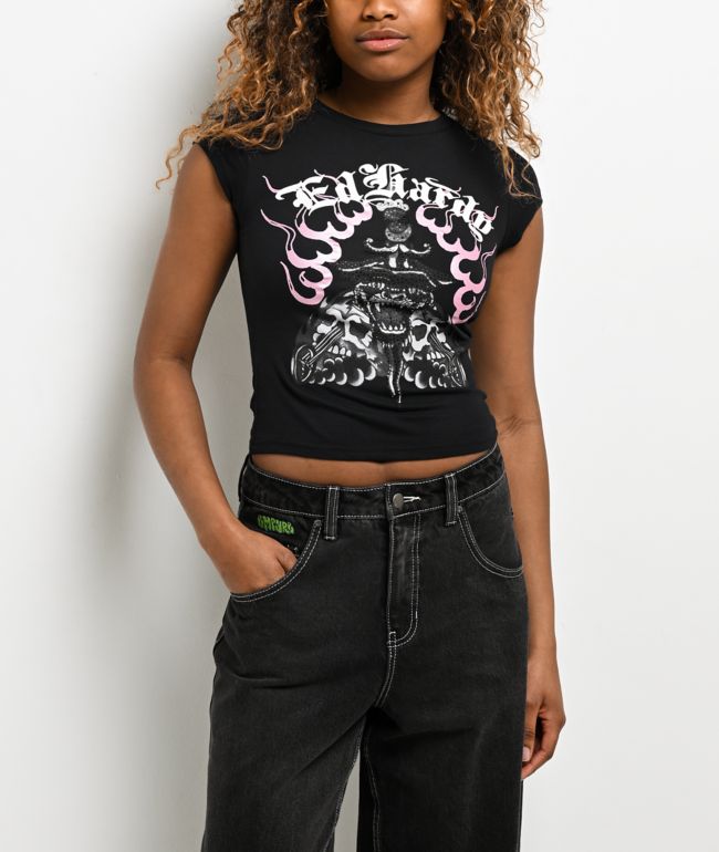 Ed Hardy Panther Dagger Rhinestone Black Crop T-Shirt - Ed Hardy