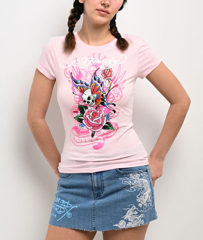 Ed Hardy Skull Flower Rhinestone Pink Crop T-Shirt  - Ed Hardy