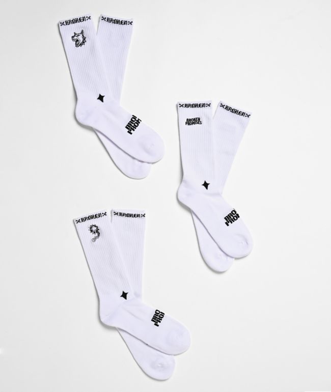 Broken Promises Klassics 3 Pack White Crew Socks - Broken Promises