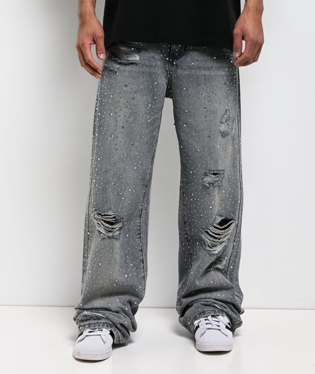 American Stitch Rhinestone Light Blue Wash Distressed Baggy Jeans - American Stitch