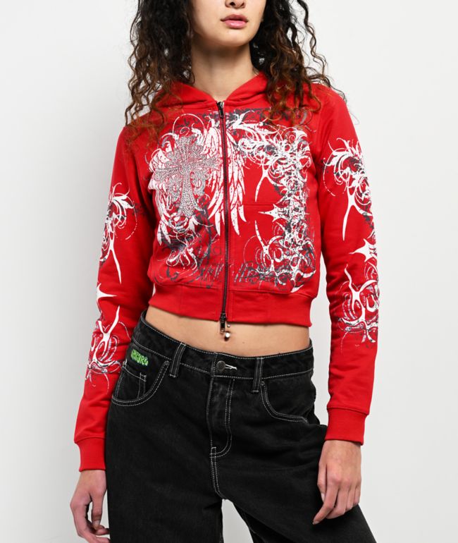 Insomnia Visuals Eclipse Rhinestone Red Crop Zip Hoodie - Insomnia Visuals