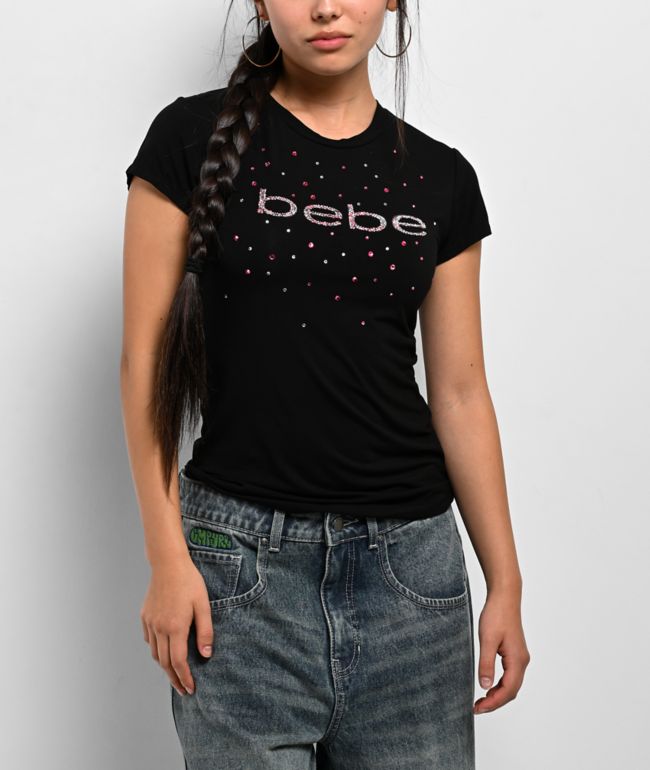 bebe Rhinestone Logo Black T-Shirt - bebe