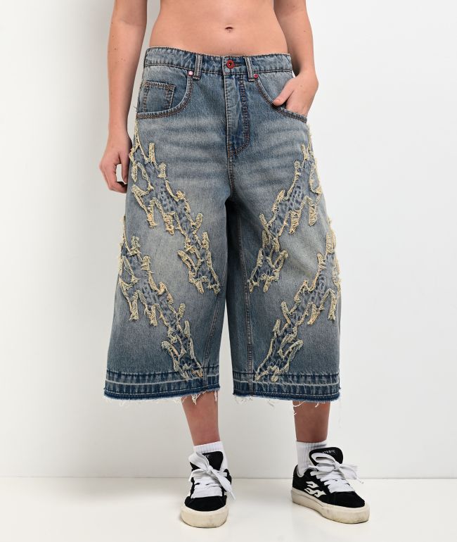 A.LAB Analog Curved Blue Wash Oversized Denim Shorts | Zumiez